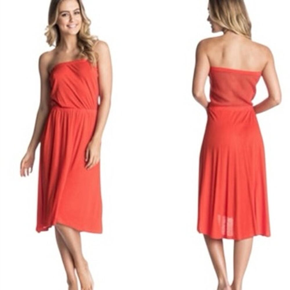 🔥 Roxy Tidal Wave Strapless Mesh Back Midi Dress in Orange Size Medium NWT